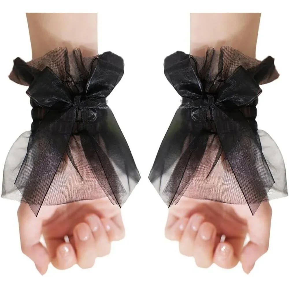 Women's Bow Lace Black Wrist Cuff Hand Sleeve Gloves Wedding Party Decoration